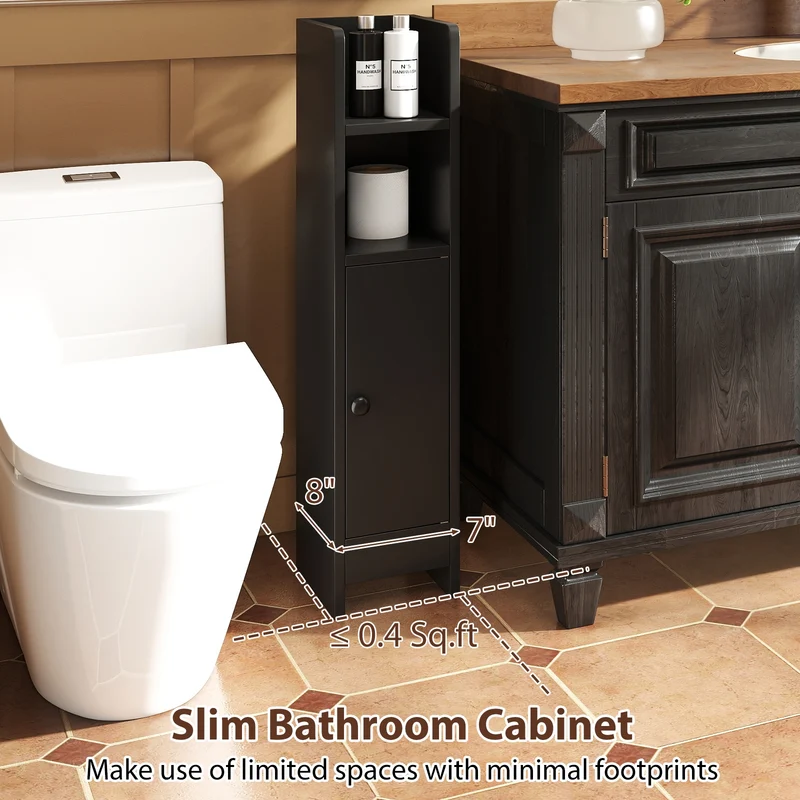 Slim Corner Bathroom Cabinet With Door, Adjustable Shelf, Black