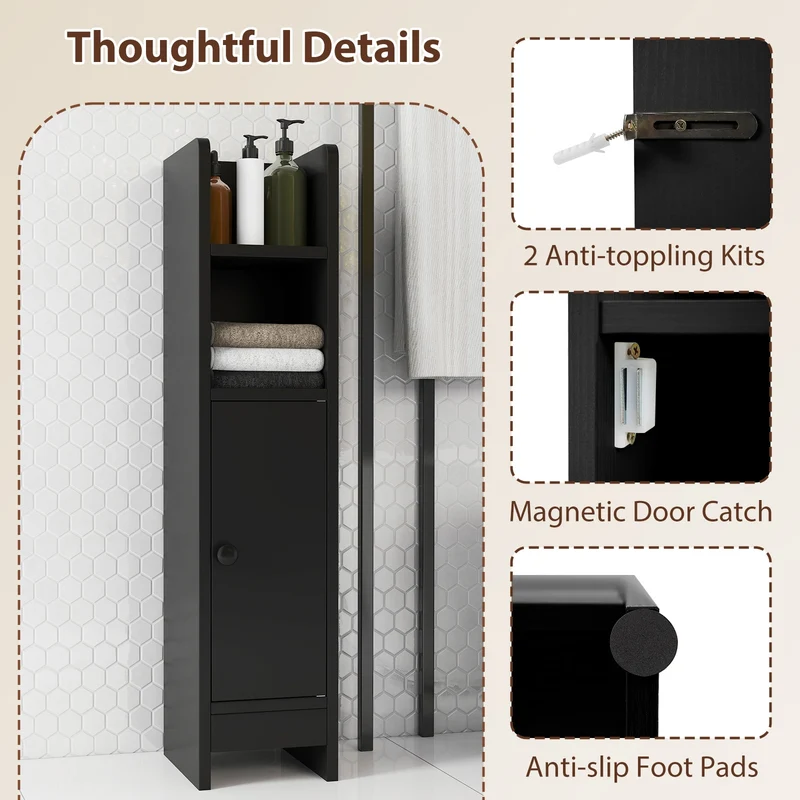 Slim Corner Bathroom Cabinet With Door, Adjustable Shelf, Black