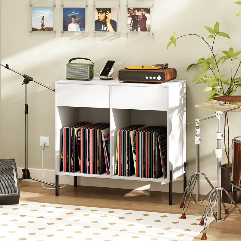 Double Wide Turntable Stand With Power Outlets, White