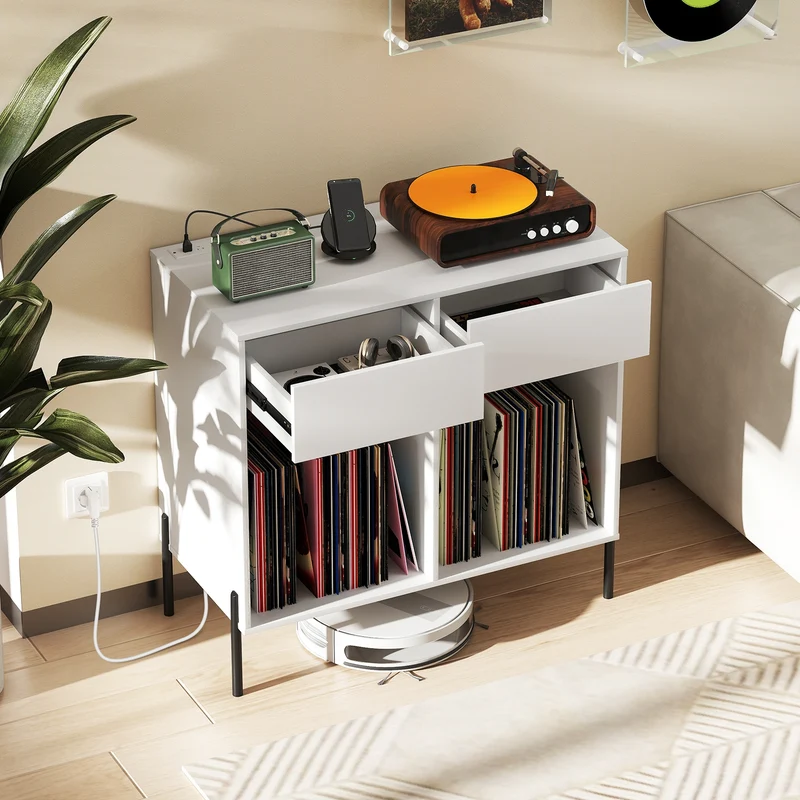 Double Wide Turntable Stand With Power Outlets, White
