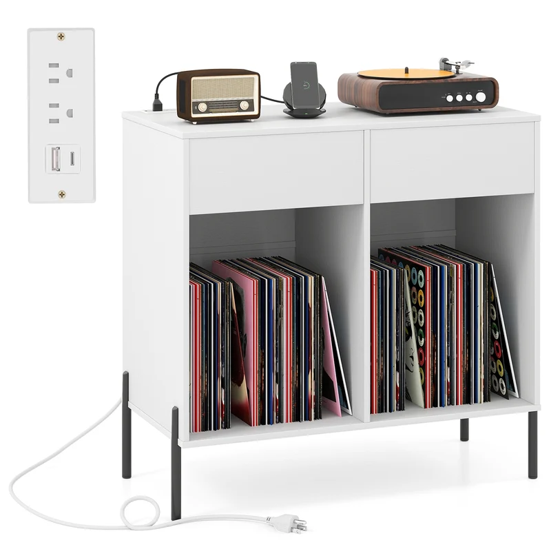 Double Wide Turntable Stand With Power Outlets, White
