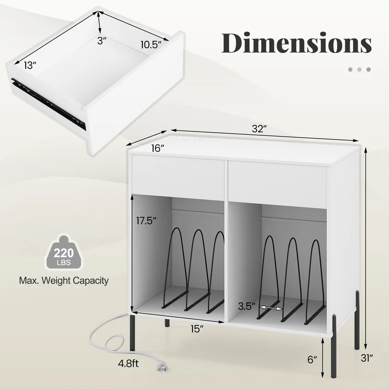 Double Wide Turntable Stand With Power Outlets, White