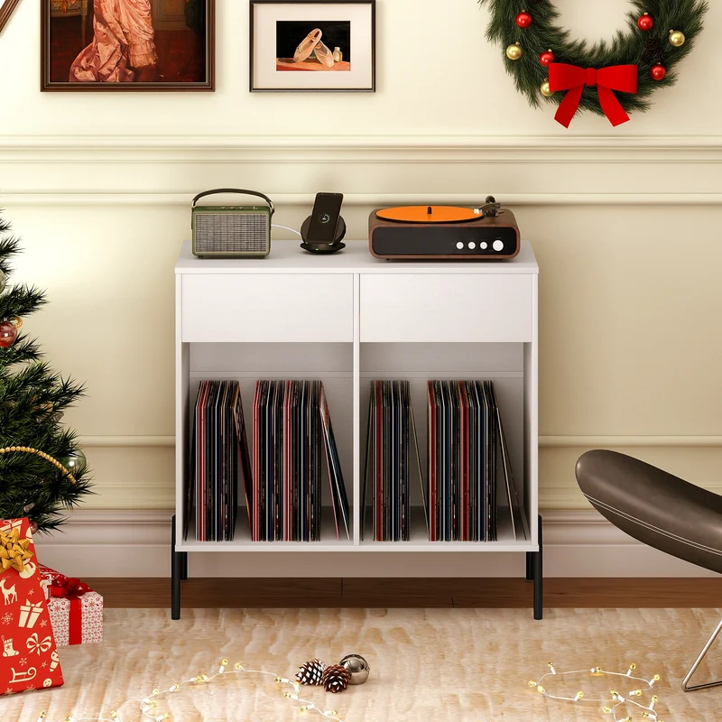 Double Wide Turntable Stand With Power Outlets, White