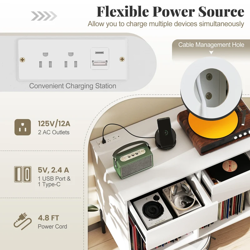 Double Wide Turntable Stand With Power Outlets, White