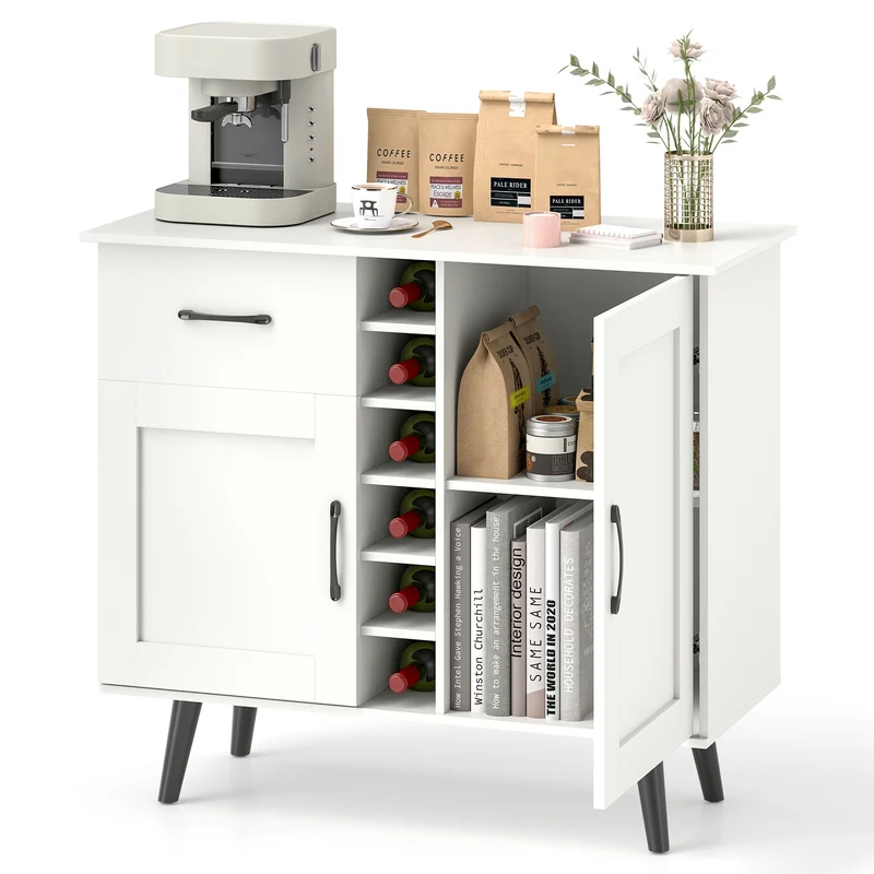 Wine Bar Buffet Cabinet, 6-Bottle Rack, White