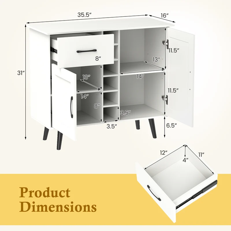 Wine Bar Buffet Cabinet, 6-Bottle Rack, White