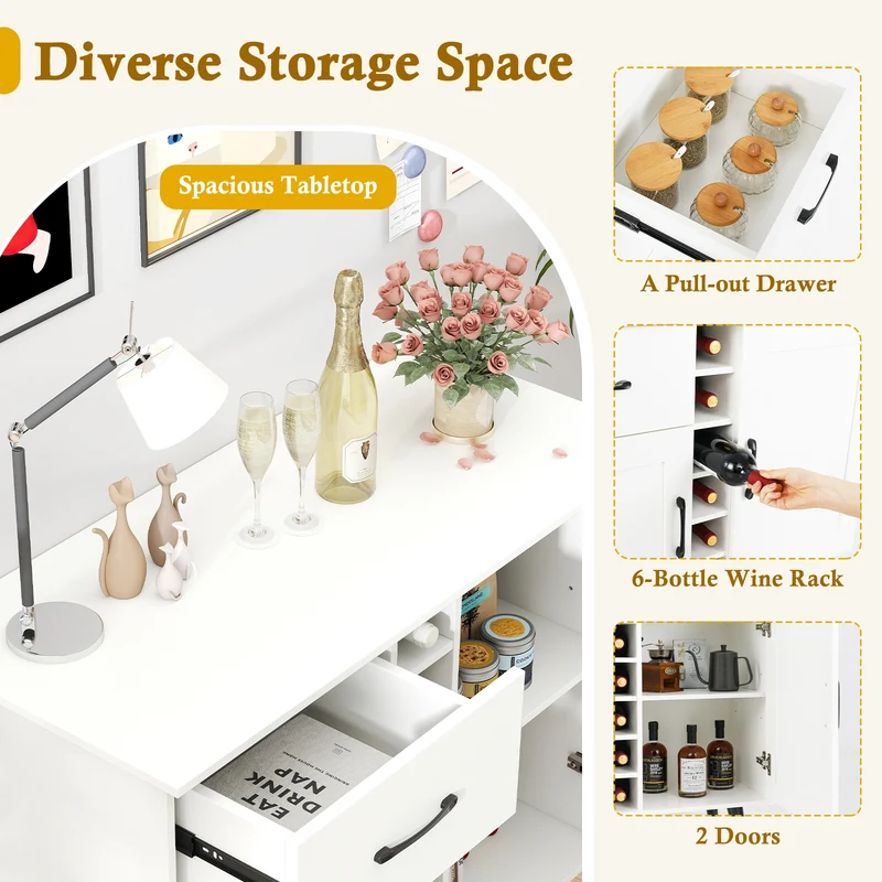 Wine Bar Buffet Cabinet, 6-Bottle Rack, White