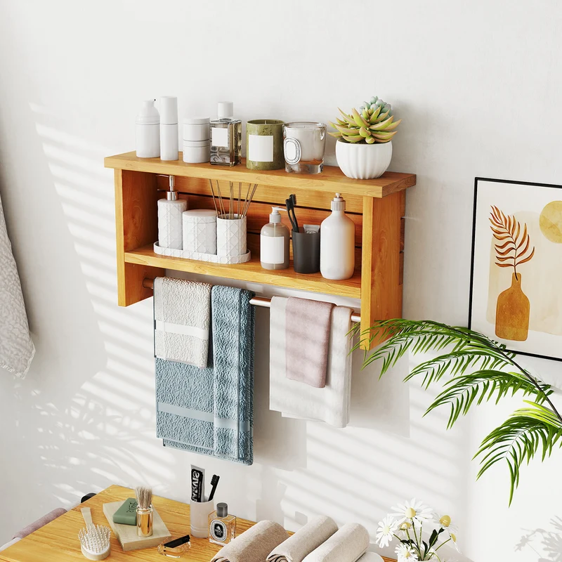 Wall-Mounted 2-Tier Solid Teak Wood Bathroom Shelf, Towel Bar, Natural