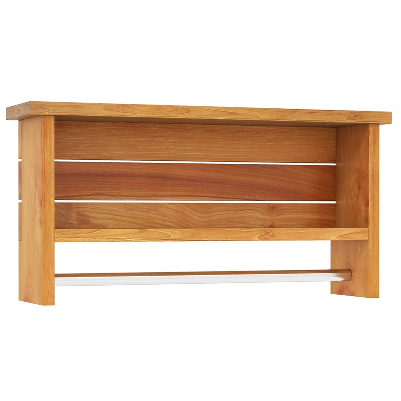 Wall-Mounted 2-Tier Solid Teak Wood Bathroom Shelf, Towel Bar, Natural