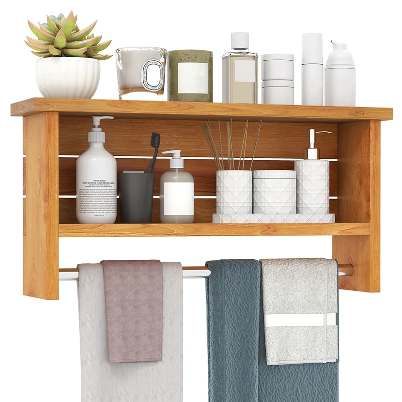 Wall-Mounted 2-Tier Solid Teak Wood Bathroom Shelf, Towel Bar, Natural