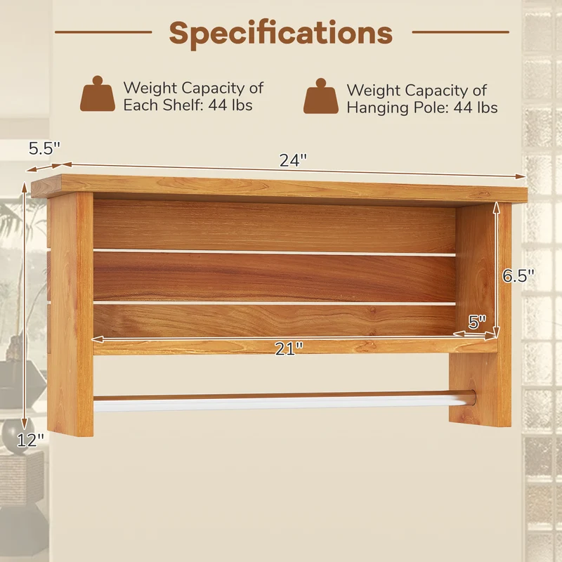 Wall-Mounted 2-Tier Solid Teak Wood Bathroom Shelf, Towel Bar, Natural