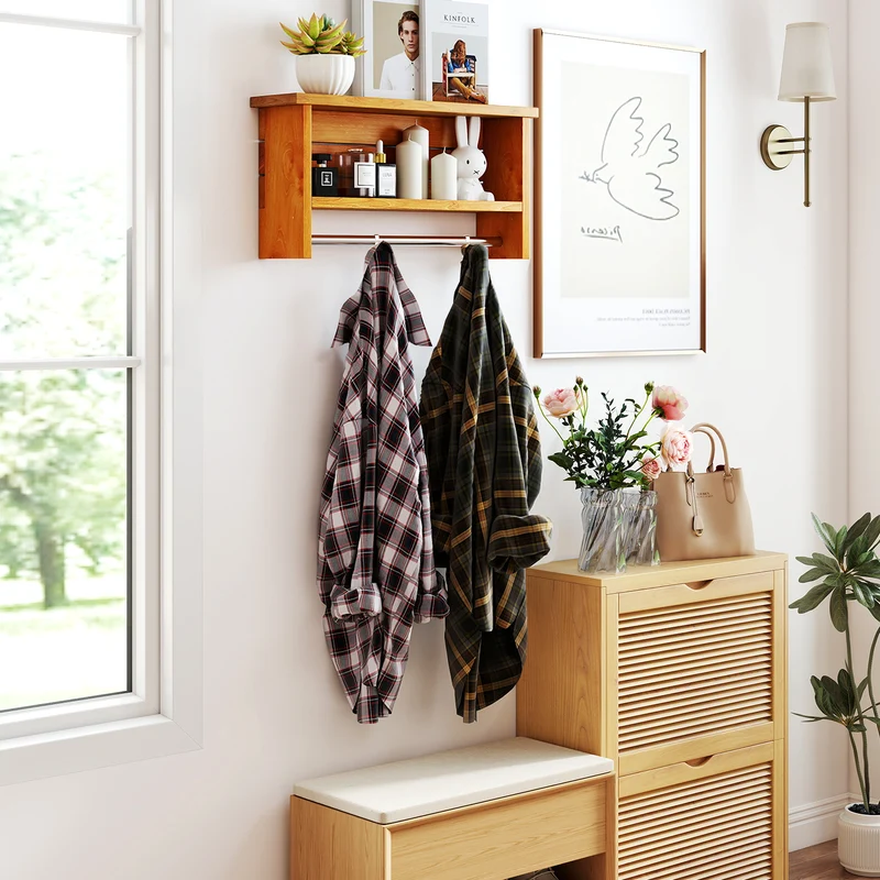 Wall-Mounted 2-Tier Solid Teak Wood Bathroom Shelf, Towel Bar, Natural
