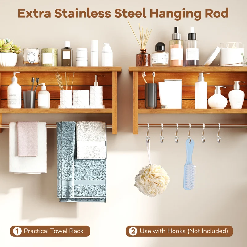 Wall-Mounted 2-Tier Solid Teak Wood Bathroom Shelf, Towel Bar, Natural