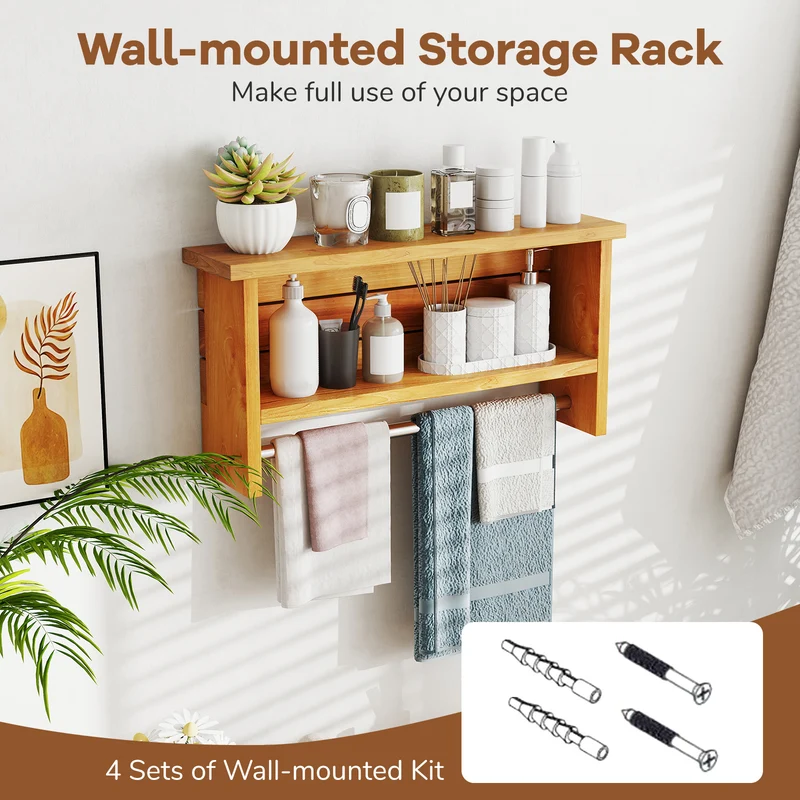 Wall-Mounted 2-Tier Solid Teak Wood Bathroom Shelf, Towel Bar, Natural