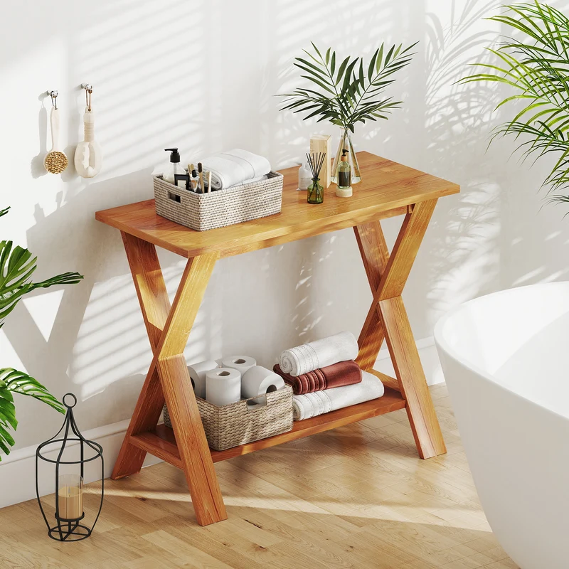 35 Inch Solid Wood Console Table With Storage Shelf, Teak