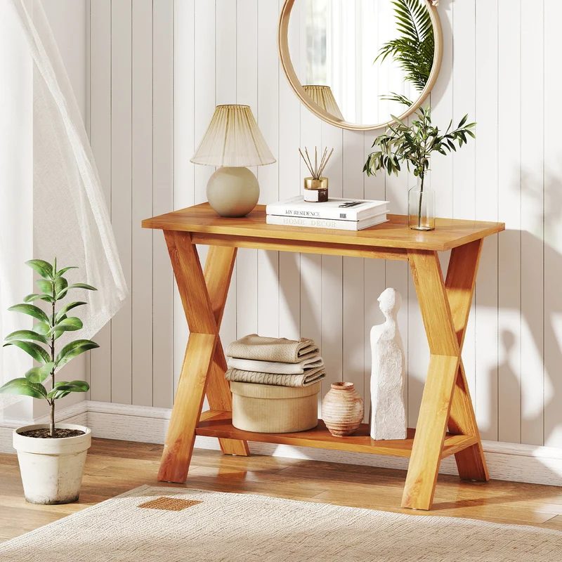 35 Inch Solid Wood Console Table With Storage Shelf, Teak