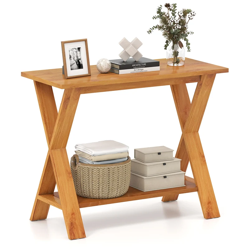 35 Inch Solid Wood Console Table With Storage Shelf, Teak