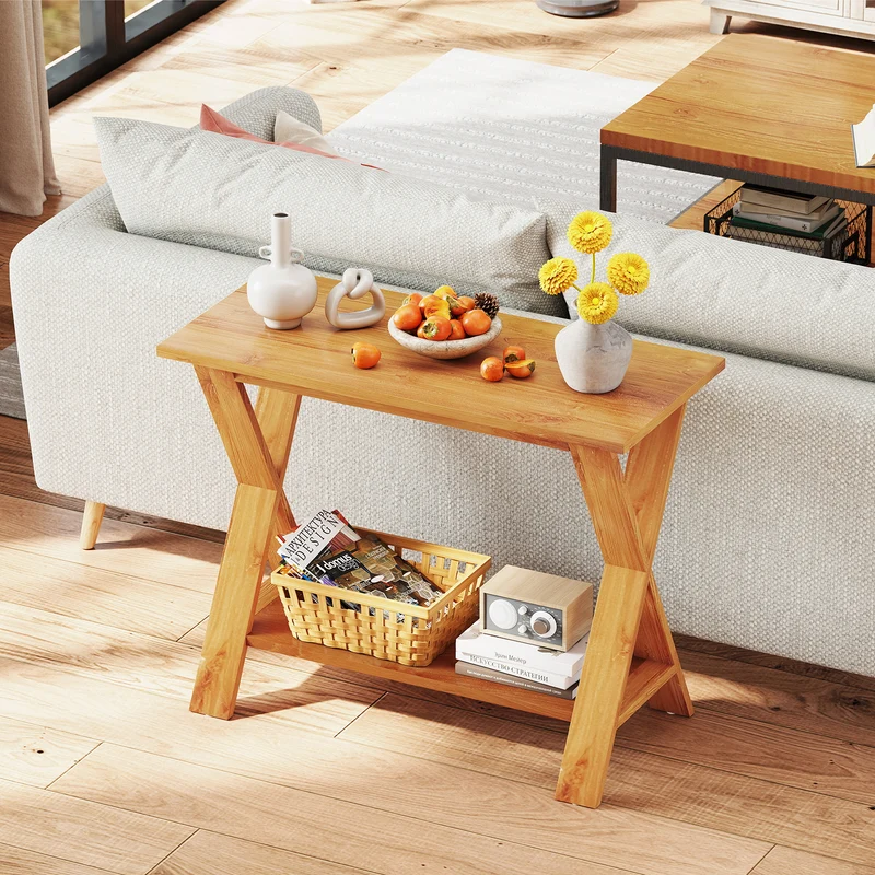 35 Inch Solid Wood Console Table With Storage Shelf, Teak