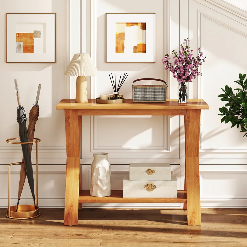 35 Inch Solid Wood Console Table With Storage Shelf, Teak