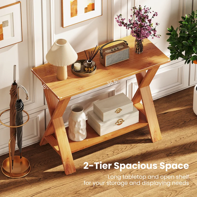 35 Inch Solid Wood Console Table With Storage Shelf, Teak