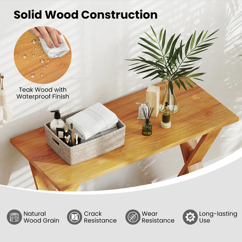 35 Inch Solid Wood Console Table With Storage Shelf, Teak