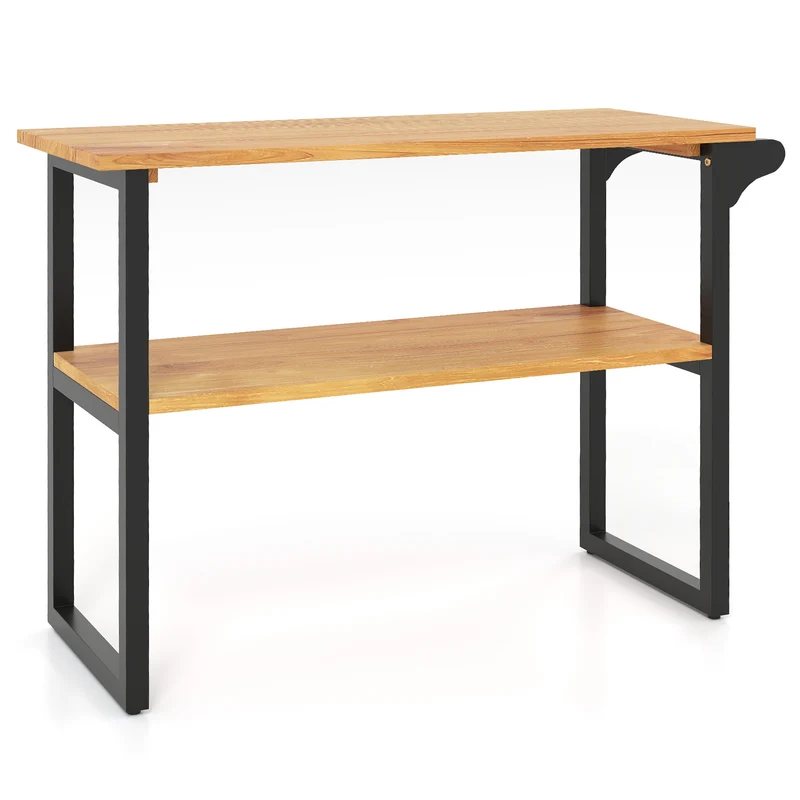 2-Tier Solid Teak Wood Bathroom Shelf With Towel Rack, Natural