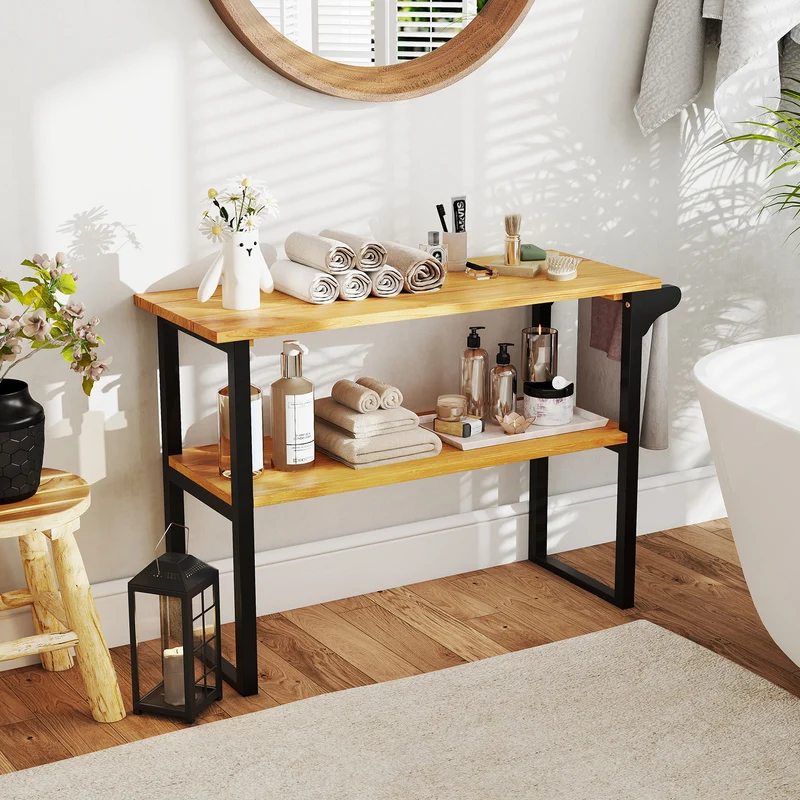2-Tier Solid Teak Wood Bathroom Shelf With Towel Rack, Natural