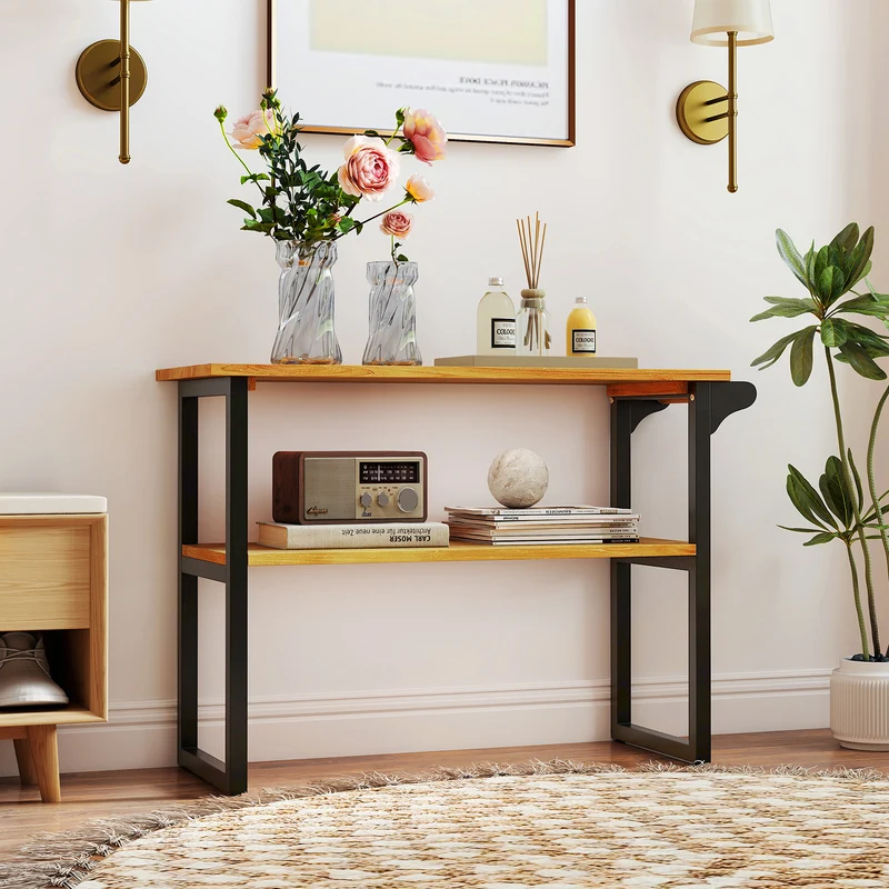 2-Tier Solid Teak Wood Bathroom Shelf With Towel Rack, Natural
