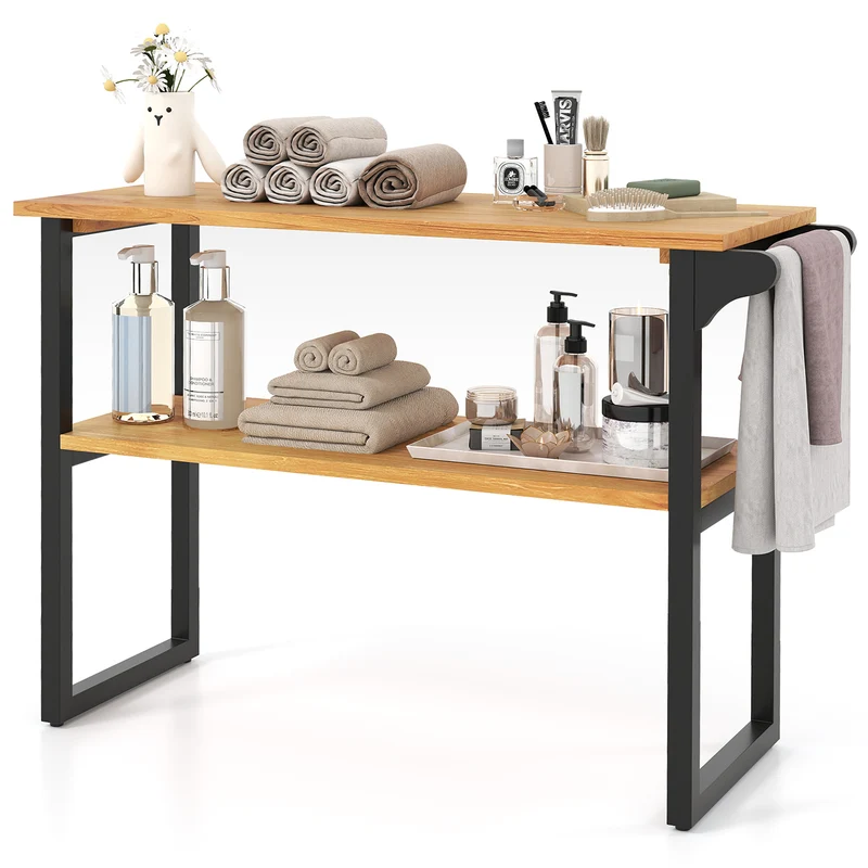 2-Tier Solid Teak Wood Bathroom Shelf With Towel Rack, Natural