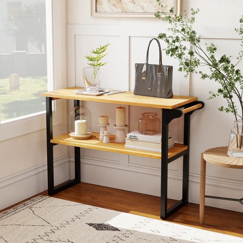 2-Tier Solid Teak Wood Bathroom Shelf With Towel Rack, Natural