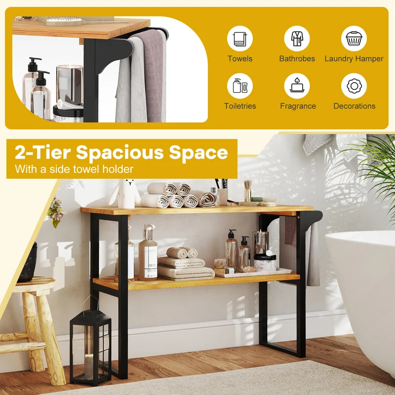 2-Tier Solid Teak Wood Bathroom Shelf With Towel Rack, Natural