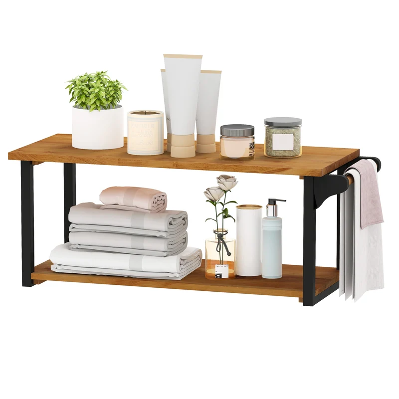 Teak Wood Wall Mounted Floating Shelves With Towel Bar, Natural
