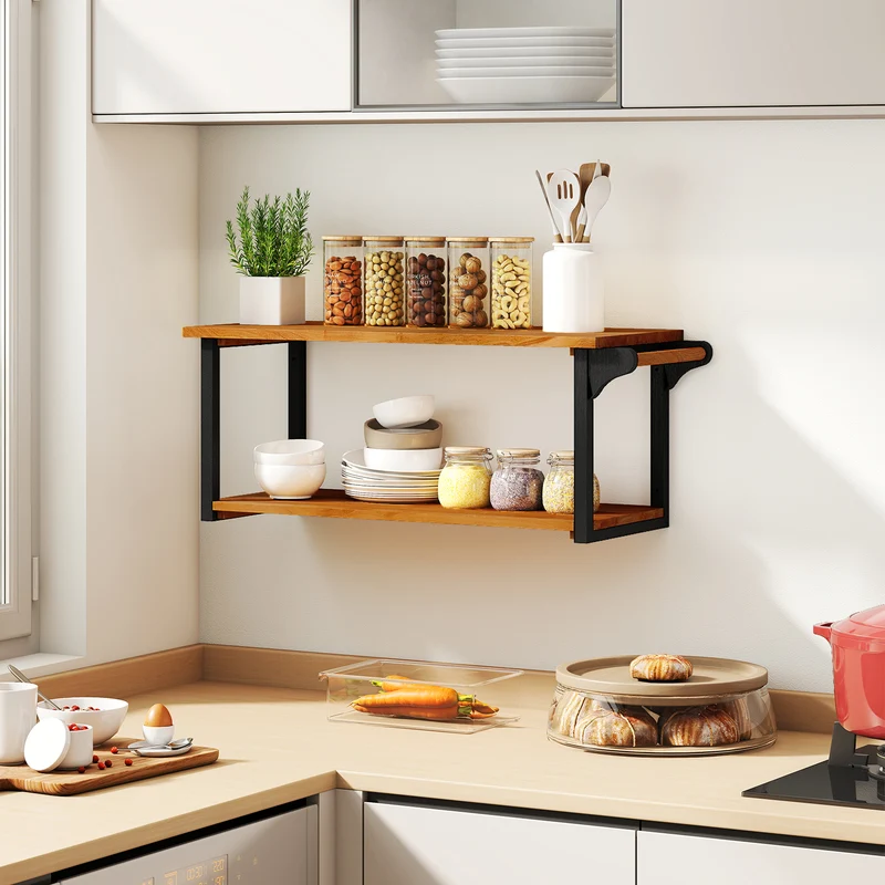 Teak Wood Wall Mounted Floating Shelves With Towel Bar, Natural