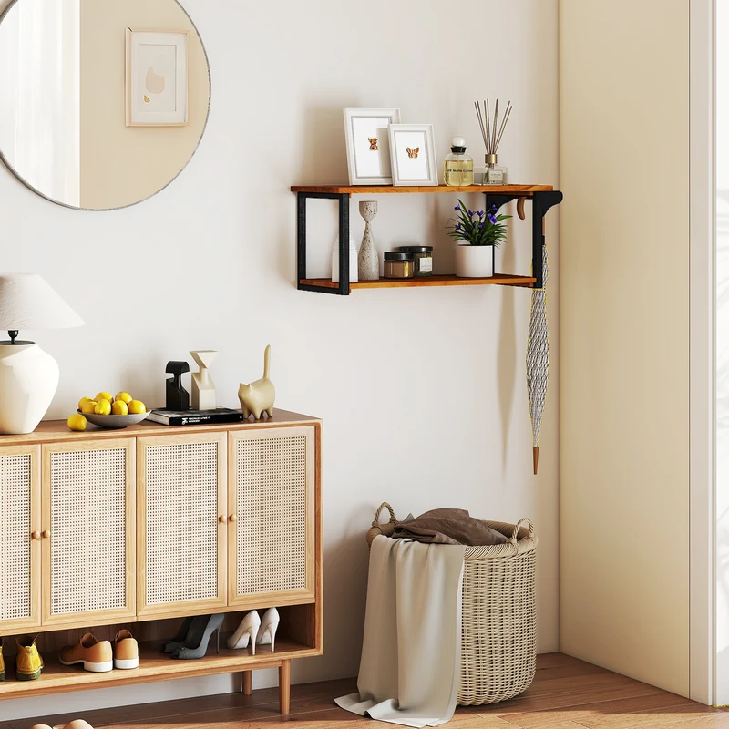 Teak Wood Wall Mounted Floating Shelves With Towel Bar, Natural