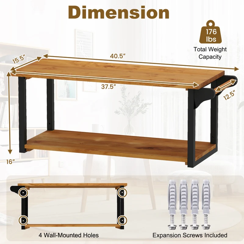 Teak Wood Wall Mounted Floating Shelves With Towel Bar, Natural