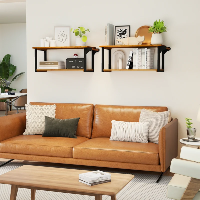 Teak Wood Wall Mounted Floating Shelves With Towel Bar, Natural