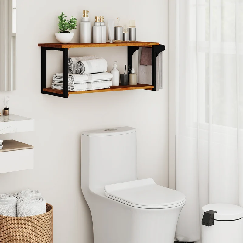 Teak Wood Wall Mounted Floating Shelves With Towel Bar, Natural