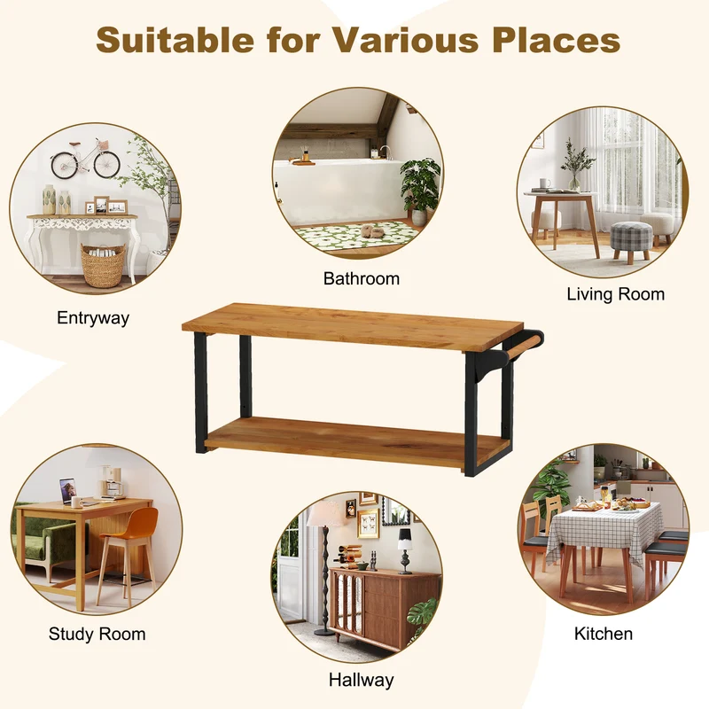 Teak Wood Wall Mounted Floating Shelves With Towel Bar, Natural