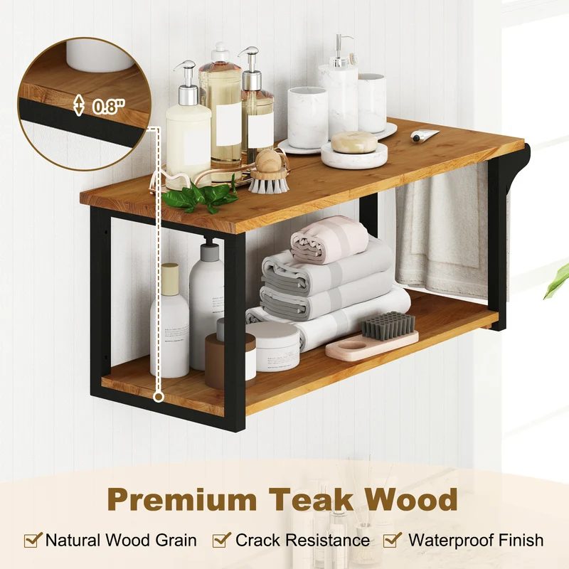 Teak Wood Wall Mounted Floating Shelves With Towel Bar, Natural