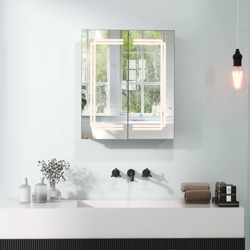 2 Door Bathroom Mirror Medicine Cabinet With Lights, White