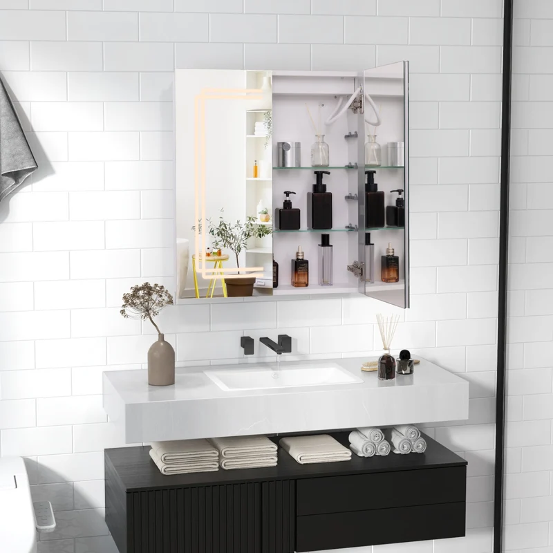 2 Door Bathroom Mirror Medicine Cabinet With Lights, White