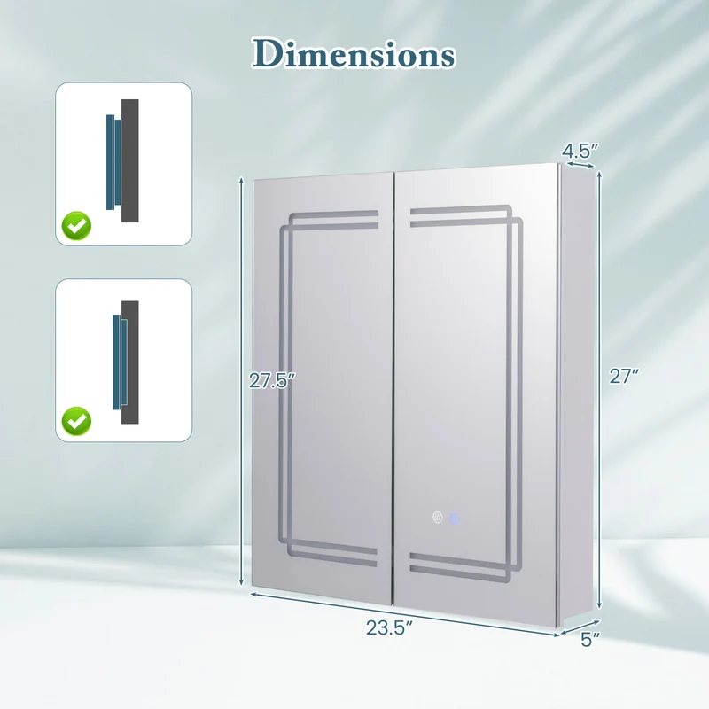 2 Door Bathroom Mirror Medicine Cabinet With Lights, White