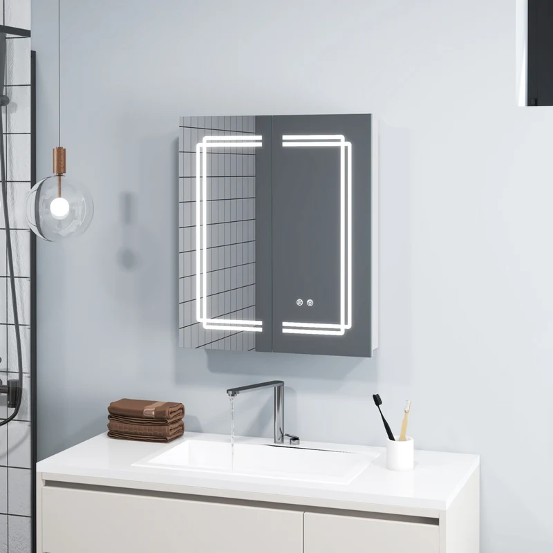 2 Door Bathroom Mirror Medicine Cabinet With Lights, White