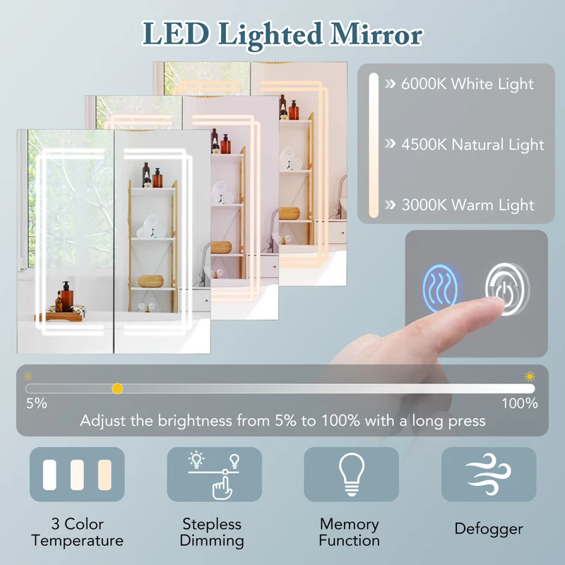2 Door Bathroom Mirror Medicine Cabinet With Lights, White