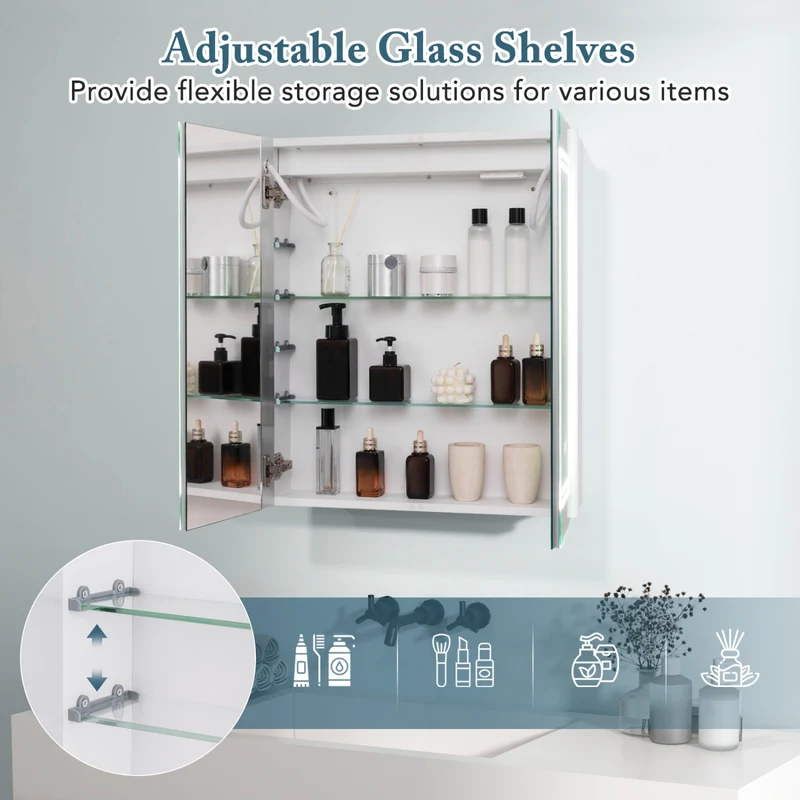 2 Door Bathroom Mirror Medicine Cabinet With Lights, White