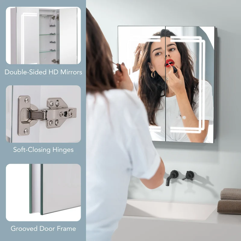 2 Door Bathroom Mirror Medicine Cabinet With Lights, White