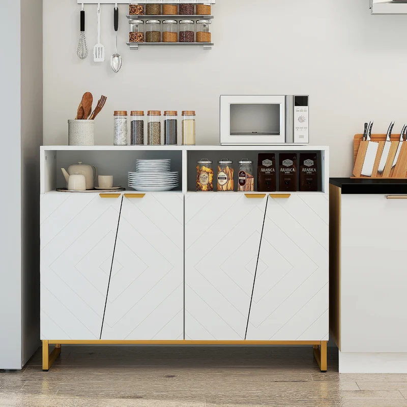 Modern Sideboard Cabinet, 4 Doors, Adjustable Shelves, White