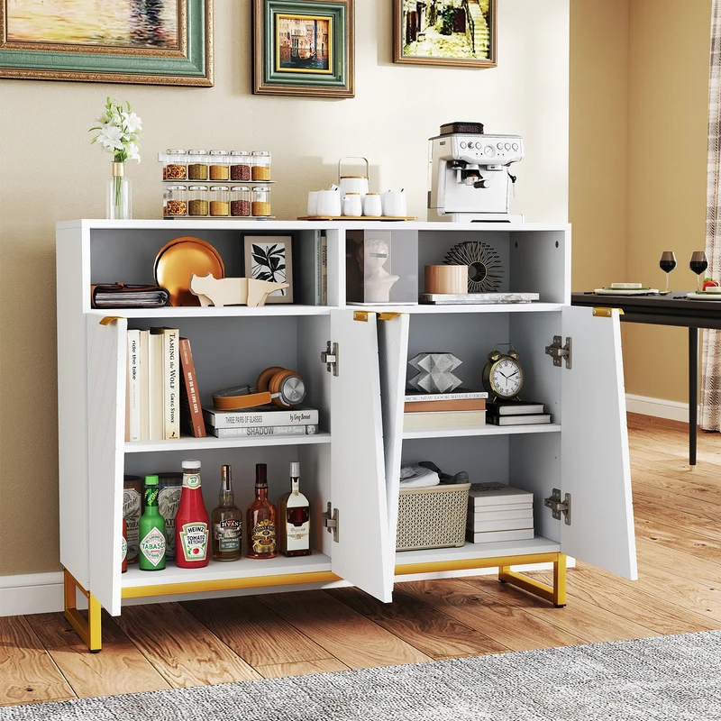 Modern Sideboard Cabinet, 4 Doors, Adjustable Shelves, White