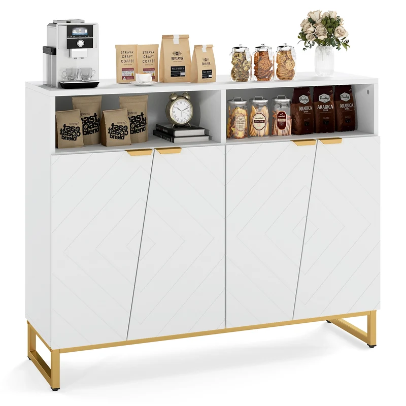 Modern Sideboard Cabinet, 4 Doors, Adjustable Shelves, White