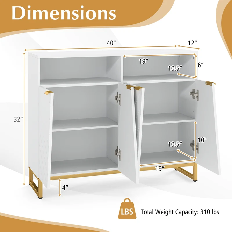 Modern Sideboard Cabinet, 4 Doors, Adjustable Shelves, White